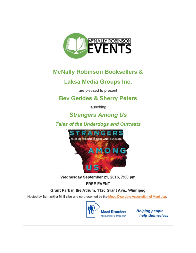 Winnipeg Book Launch Poster: Strangers Among Us at McNally Robinson Booksellers